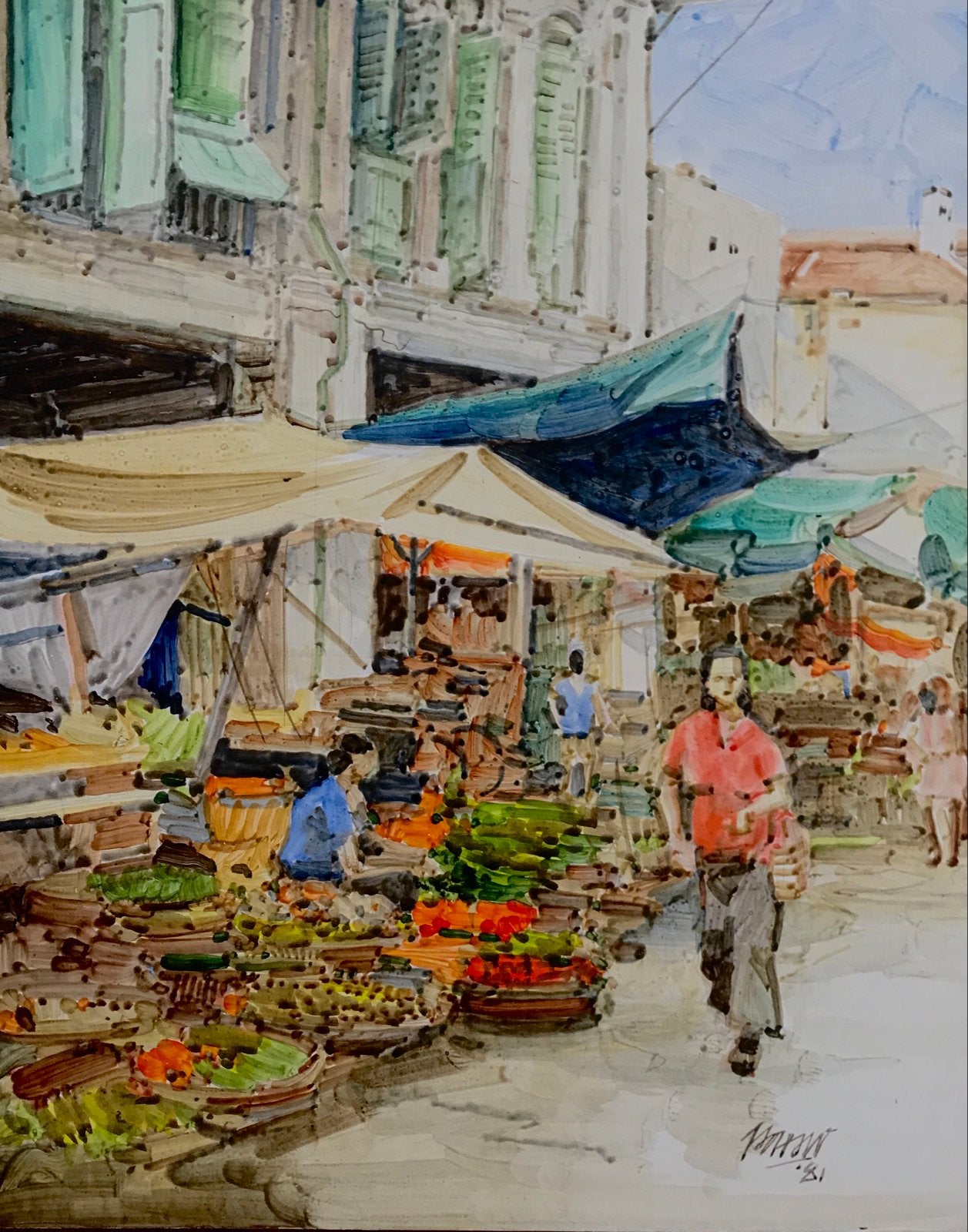 Levendig marktgezicht, gesigneerd 28x35,5cm, Paneel, Gedateerd, Expressionistisch, Ophalen of Verzenden