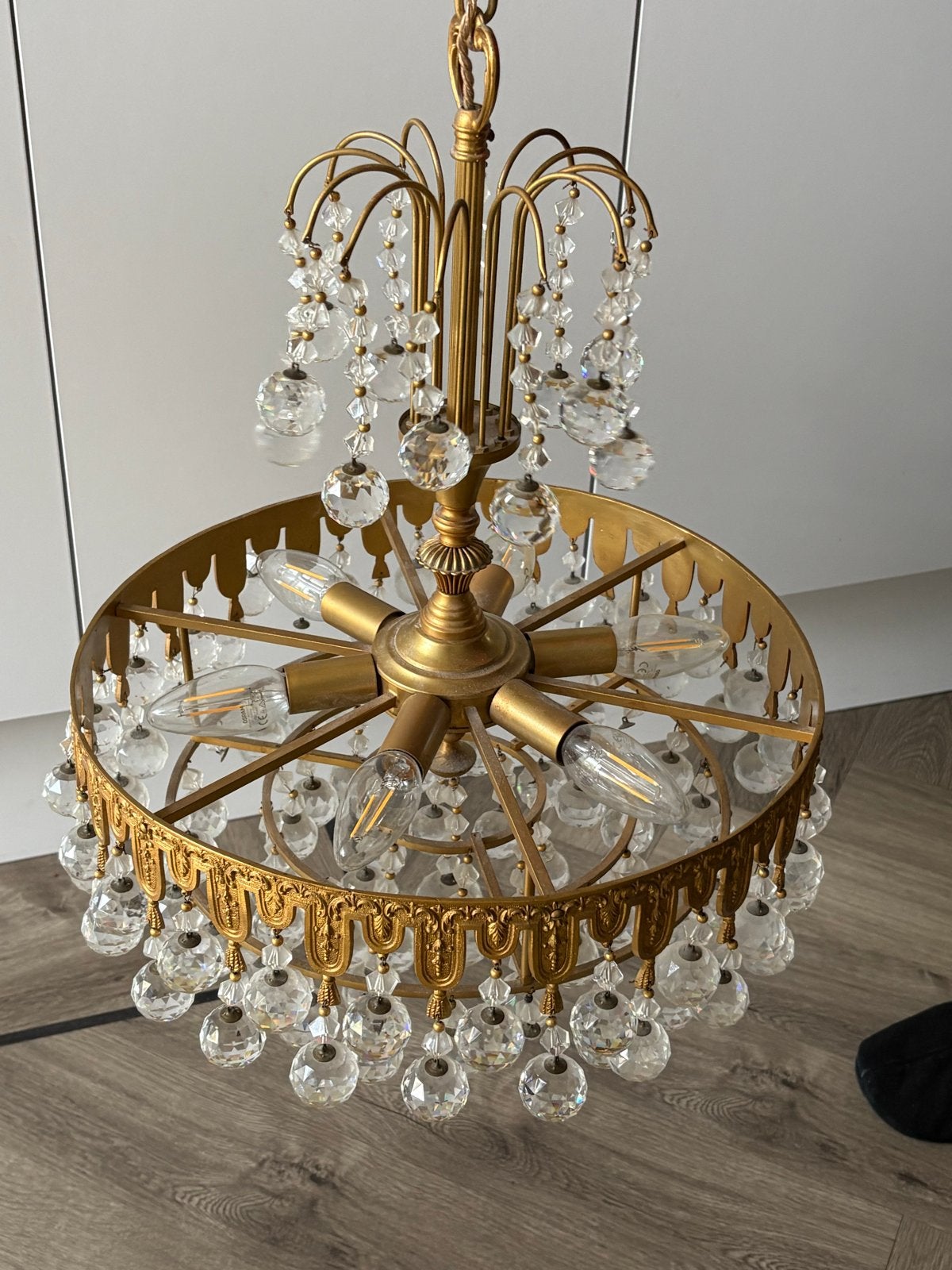 Gouden kroonluchter met glazen bolletjes, Ophalen, Gebruikt, Metaal, E14 (klein)