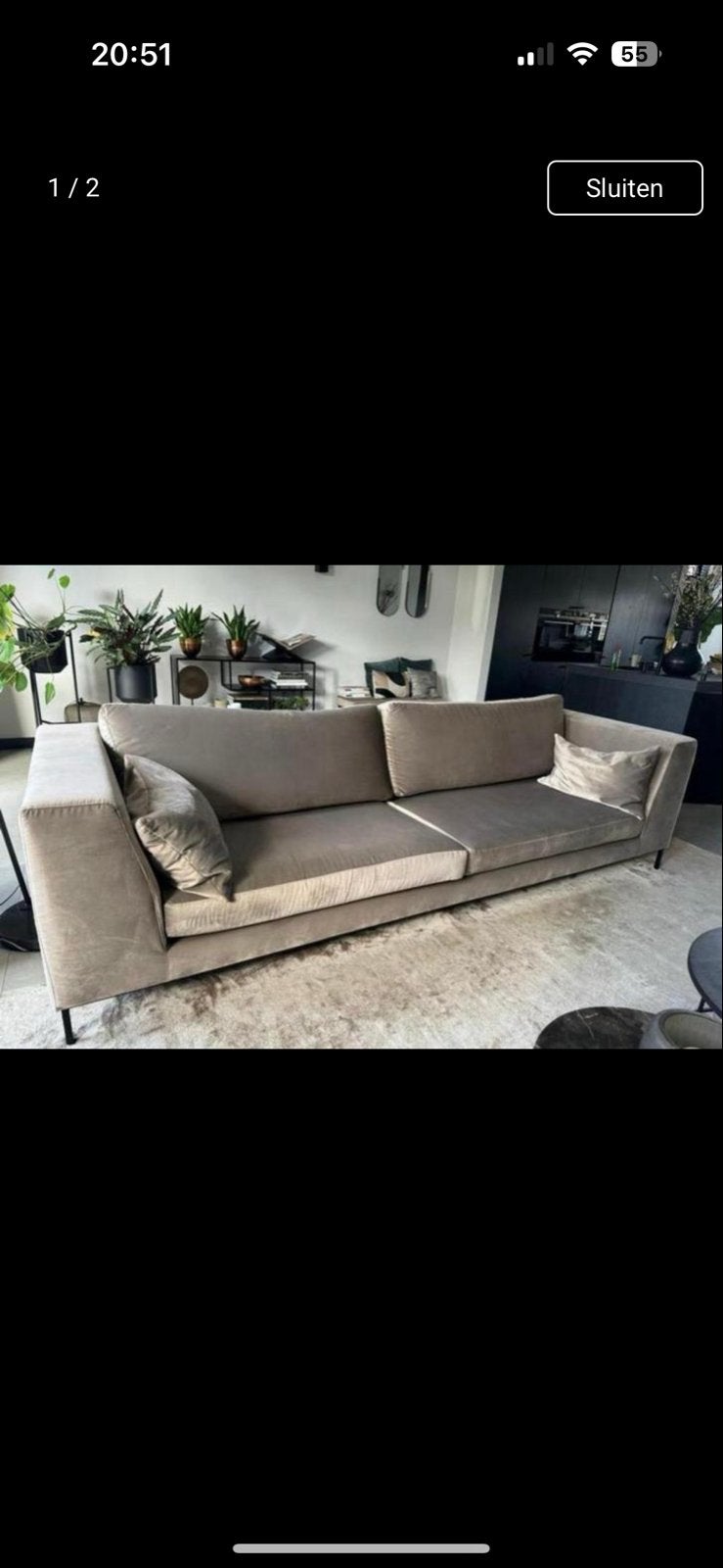 Piet Clercx bank met 2 poefjes - Champagne velvet, Ophalen, Gebruikt, 300 cm of meer, 75 tot 100 cm