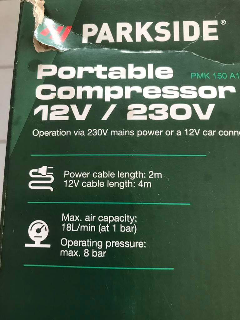 Parkside portable compressor, Doe-het-zelf en Verbouw, Minder dan 25 liter, Ophalen, Zo goed als nieuw, Minder dan 200 liter/min
