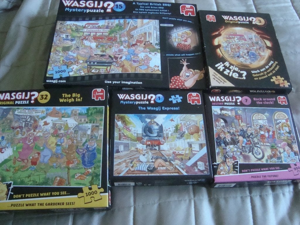 5 wasgij puzzels voor 15 euro nr.15,32,3,7,1, Ophalen, 500 t/m 1500 stukjes, Gebruikt, Legpuzzel