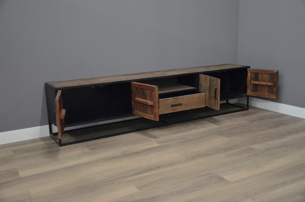Tv meubel ijzer oud teak 240 cm, Verzenden, Nieuw, Hout