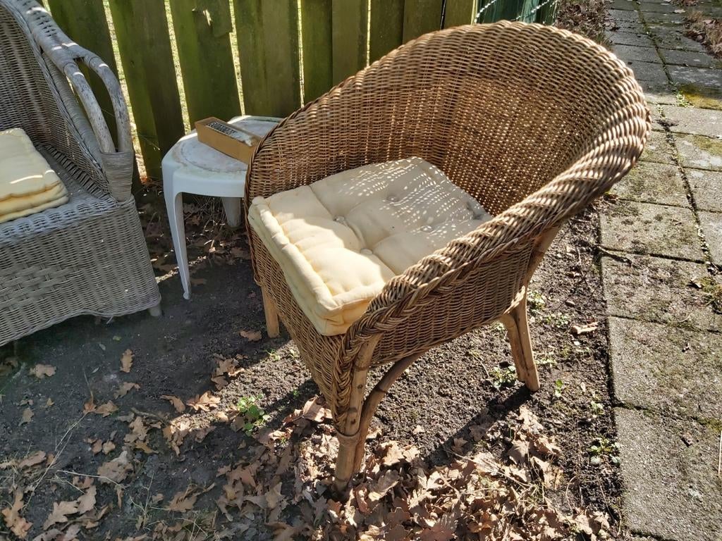 Stoel: Riet, damesfauteuil, zgan, Huis en Inrichting, Stoelen, Gebruikt, Bruin, Riet of Rotan, Ophalen of Verzenden