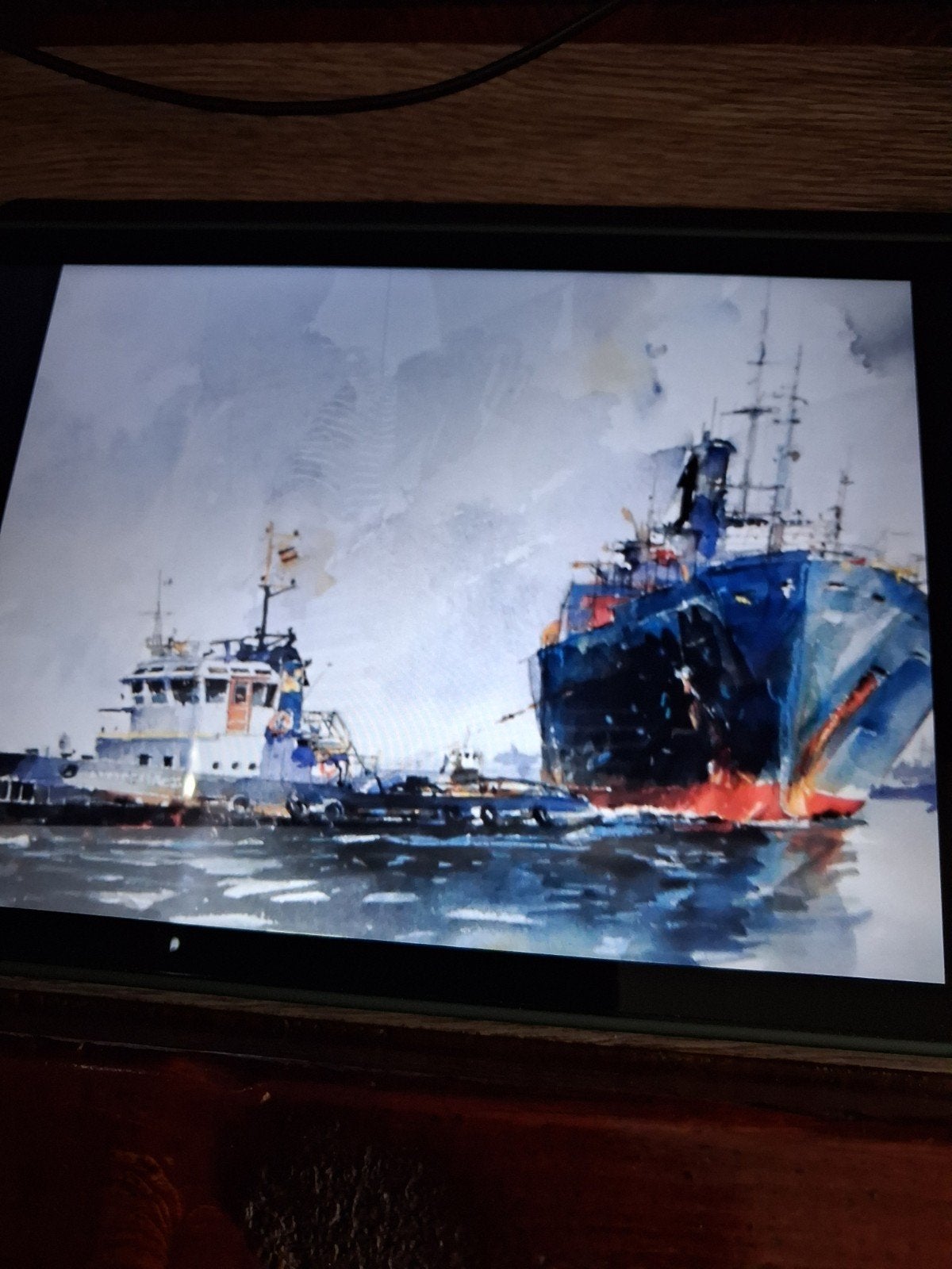 aquarel Schilderij van sleepboot en vrachtschip, Ophalen