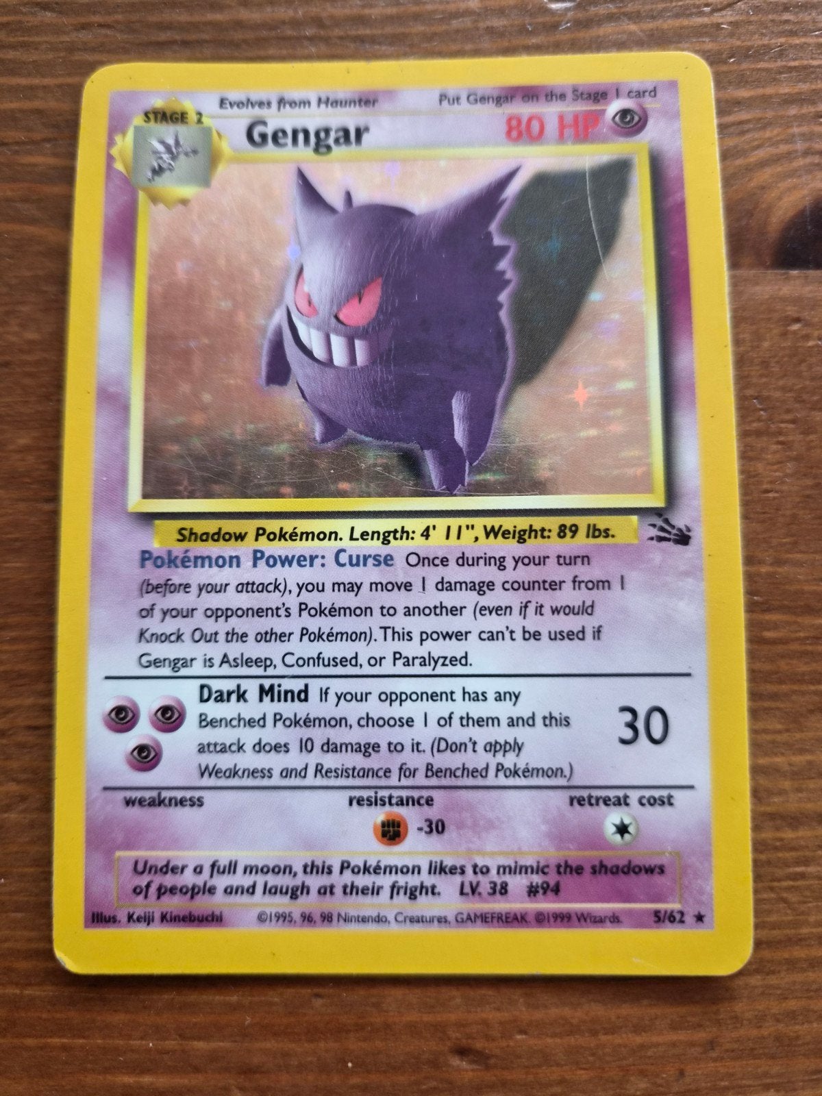 Pokémon Gengar 5/62 Holo Fossil Set WOTC Kaart, Ophalen of Verzenden, Gebruikt, Losse kaart, Foil