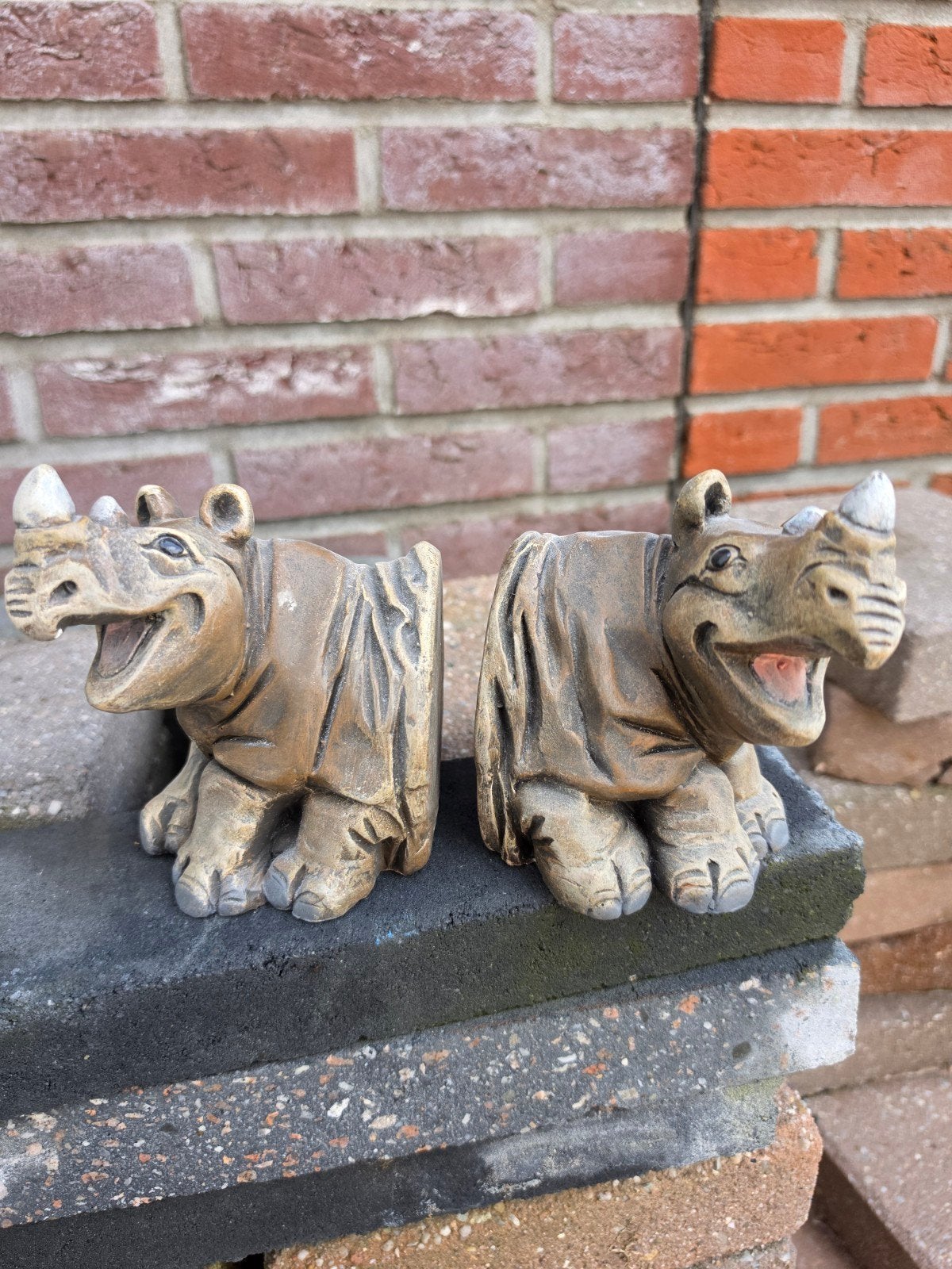 Set van 2 neushoorn boekensteunen, Huis en Inrichting, Woonaccessoires | Overige, Ophalen, Gebruikt, Overige stijlen, Bruin