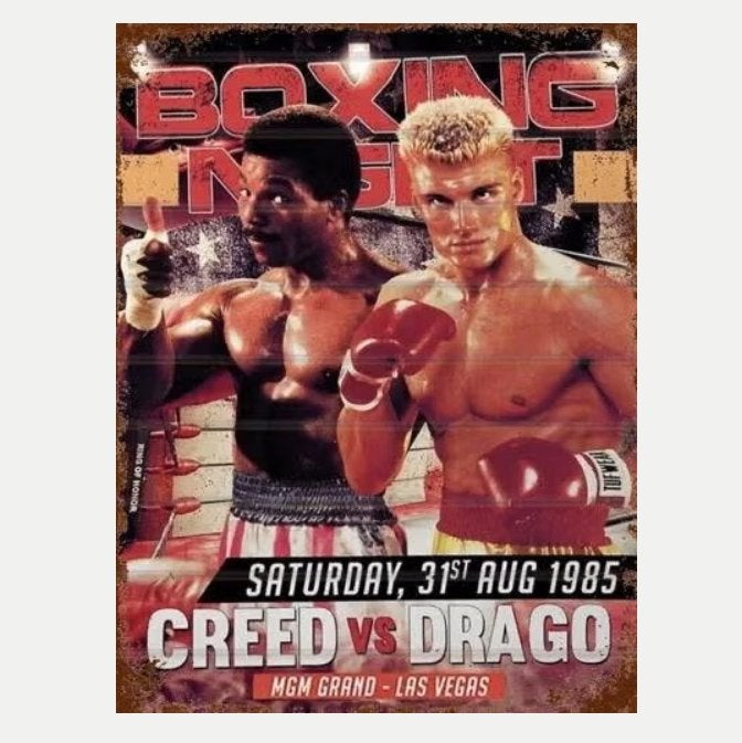 Vintage metalen bordje Rocky Creed vs Drago (30x20cm) Nieuw.