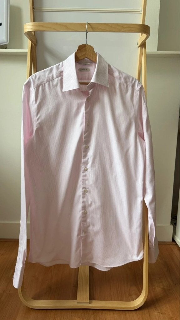 Suitsupply Traveller Shirt Lichtroze Wit Fijn Gestreept Maat, Verzenden, Halswijdte 39/40 (M), Zo goed als nieuw, Roze