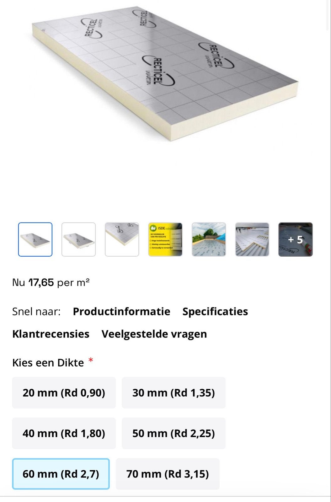 Recticel Eurothane G Isolatieplaat 60mm PIR, Ophalen, 4 tot 8 cm, Nieuw, Hardschuim (Pir)