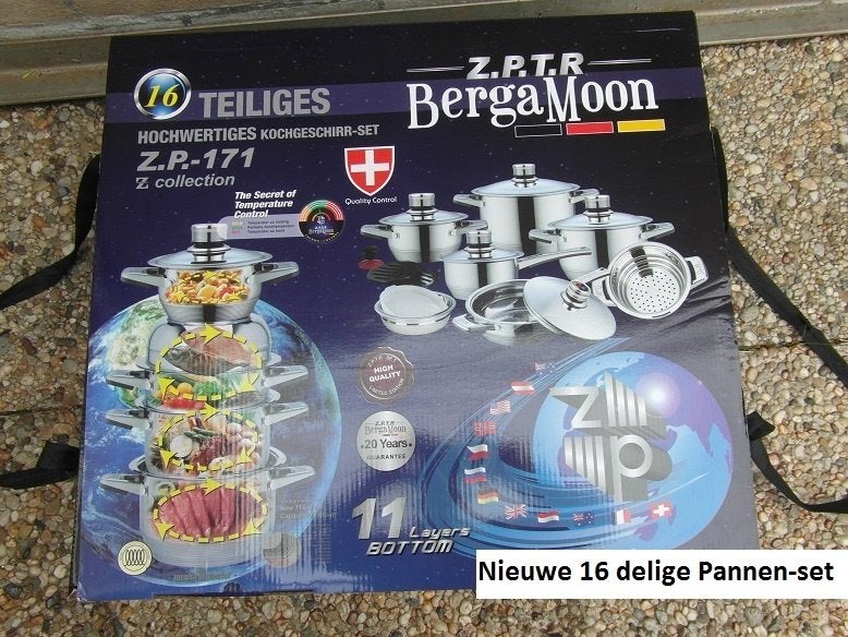 PANNEN UITZET Nw. RVS 16 delig :gas-inductie-elektra-keramis, Keramische plaat, Nieuw, Pannenset, Ophalen of Verzenden