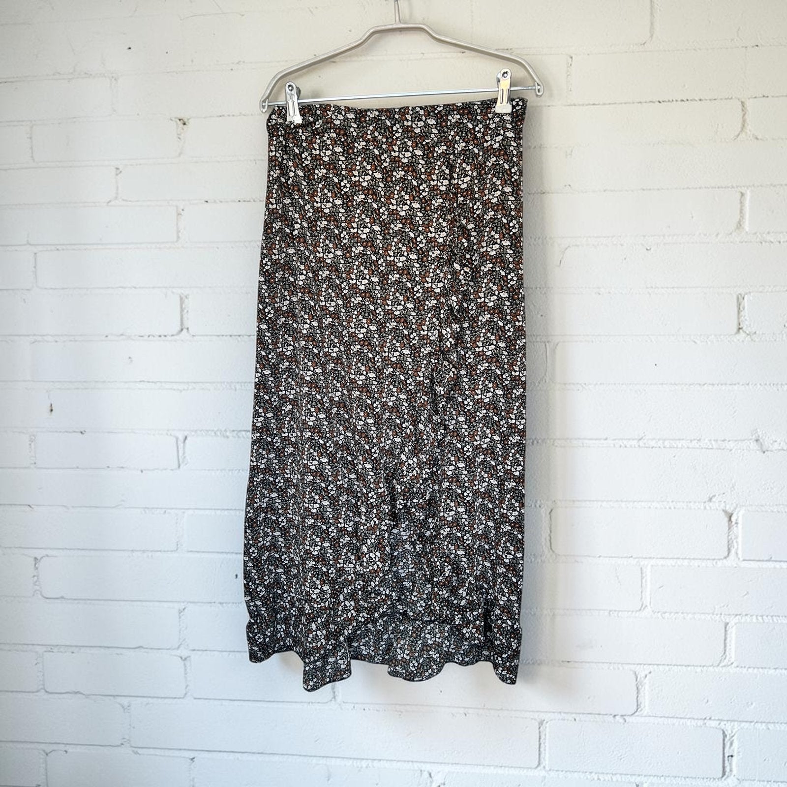 Fos Amsterdam Rok M Zwart Bruin Wit Bloemenprint Midi Ruches, Maat 38/40 (M), Bruin, Verzenden, Fa