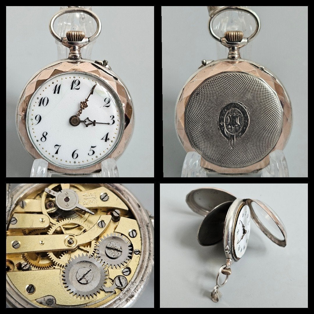Antiek zilver,  deels verguld Remontoir dames zakhorloge, Antiek en Kunst, Ophalen of Verzenden, Zilver