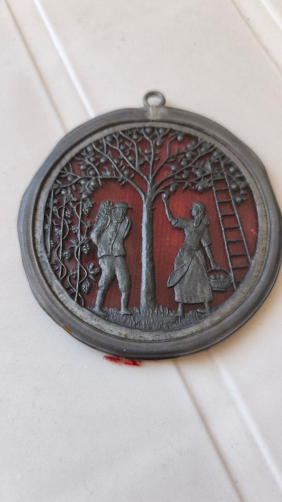 Vintage Tinnen Wanddecoratie: Druivenoogst Scène, Ophalen of Verzenden