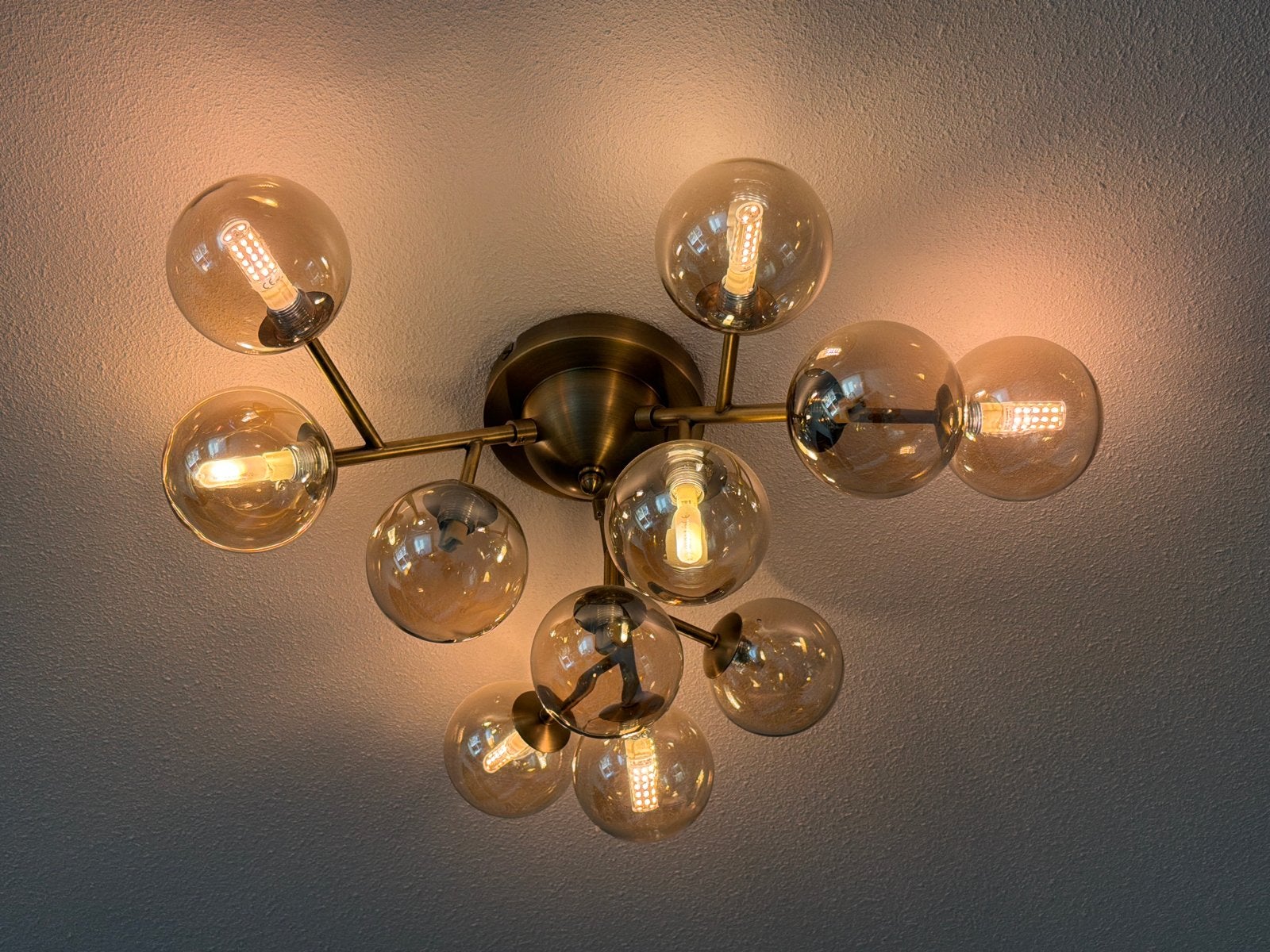 Plafondlamp Brons met Amber Glas (2 stuks voor 300), Huis en Inrichting, Ophalen, Zo goed als nieuw, Glas