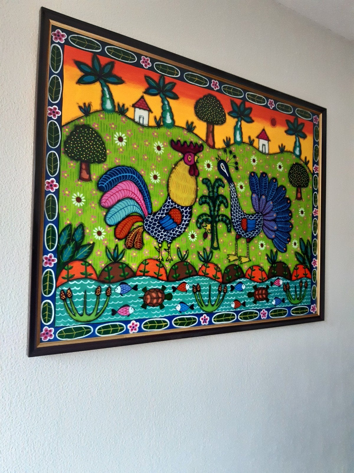 Modern Schilderij met Kleurrijke Hanen en Pauw, Antiek en Kunst, Ophalen of Verzenden