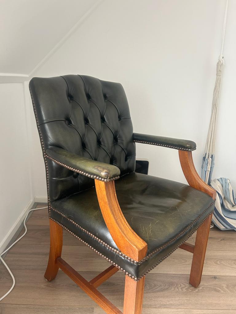 Vintage Groen Leren Bureaustoel met Houten Armleuningen, Ophalen of Verzenden