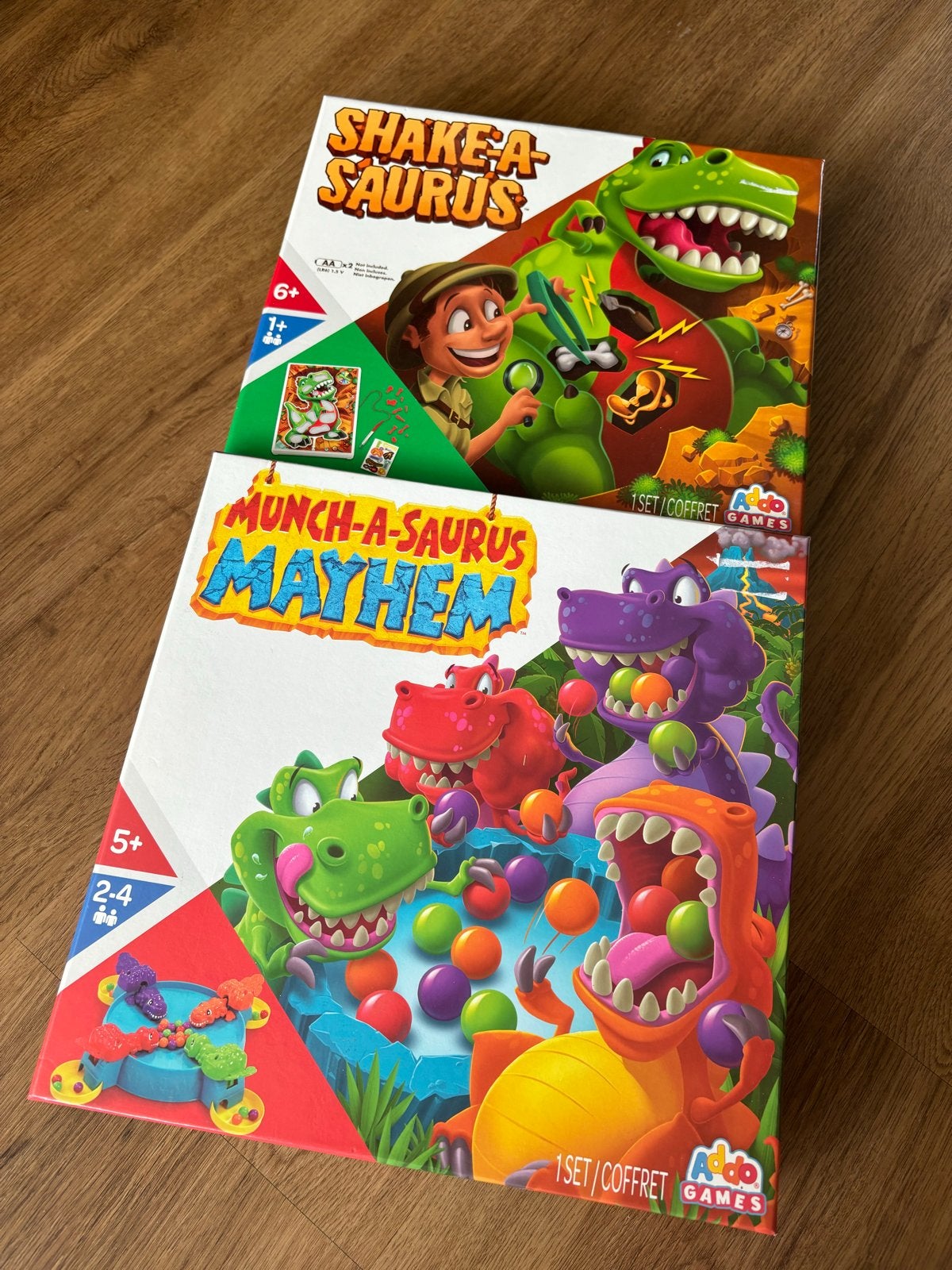 2 Dino spellen: Shake-a-Saurus & Munch-a-Saurus Mayhem, Een of twee spelers, Ophalen of Verzenden, Zo goed als nieuw