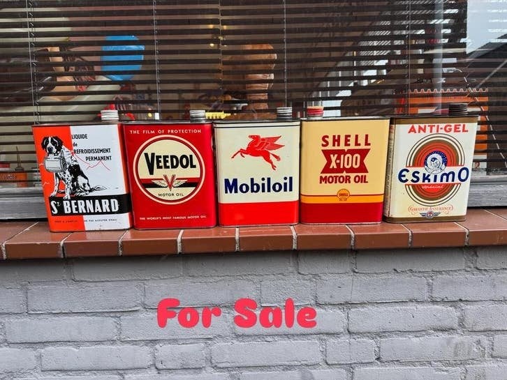 Mooie oude zeldzame garage olie blikken, Verzamelen, Gebruikt, ., ., .