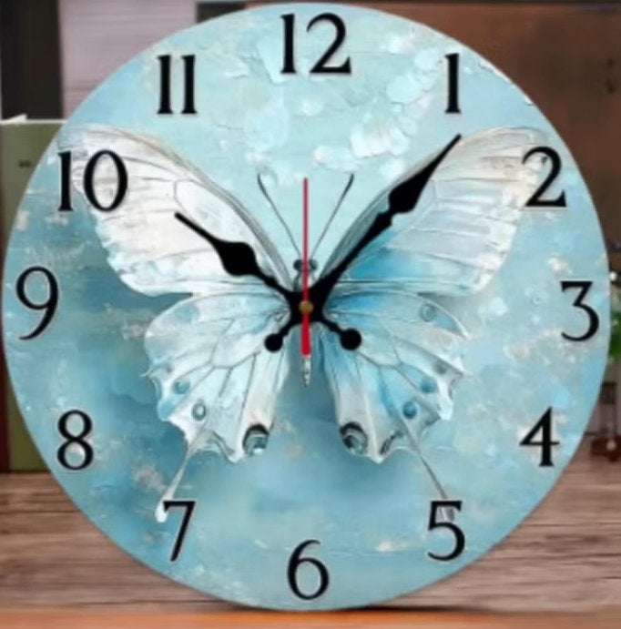 Ronde wandklok van hout Blauwe Vlinder (25cm), Ophalen of Verzenden, Nieuw, Wandklok