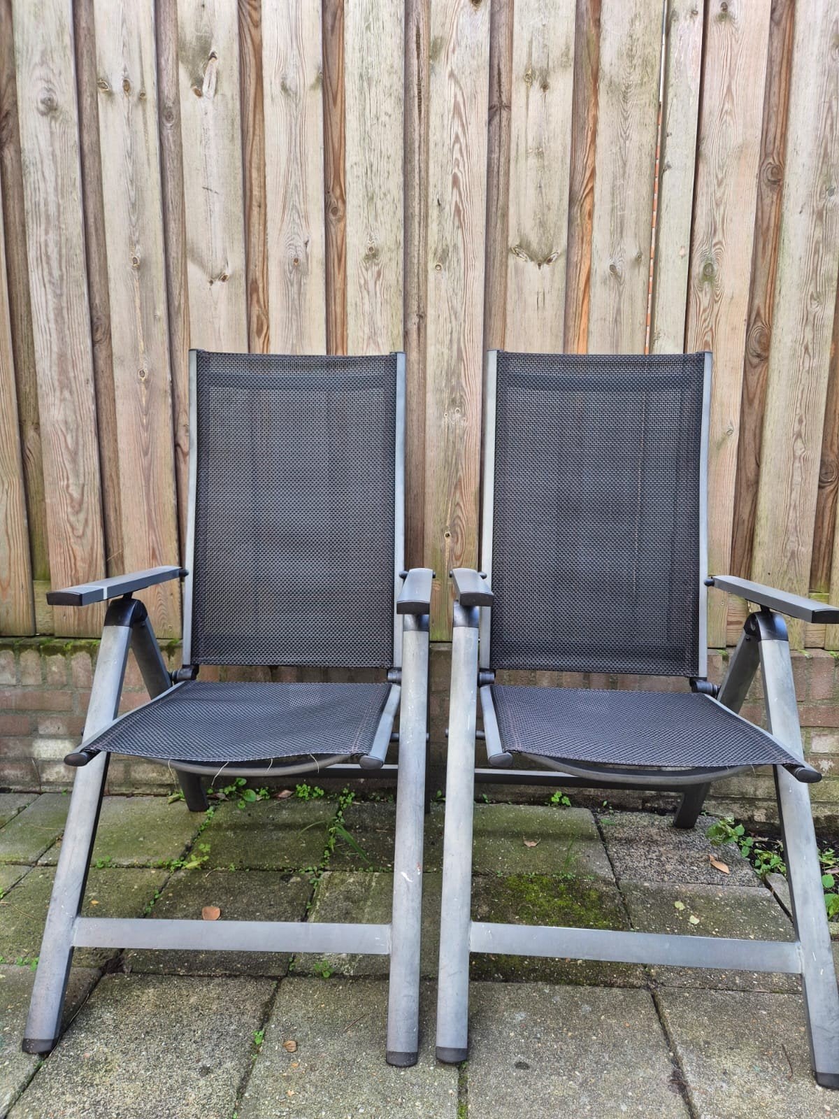 2x Verstelbare tuinstoelen - Grijs aluminium/textileen, Ophalen, Gebruikt, Aluminium, Inklapbaar