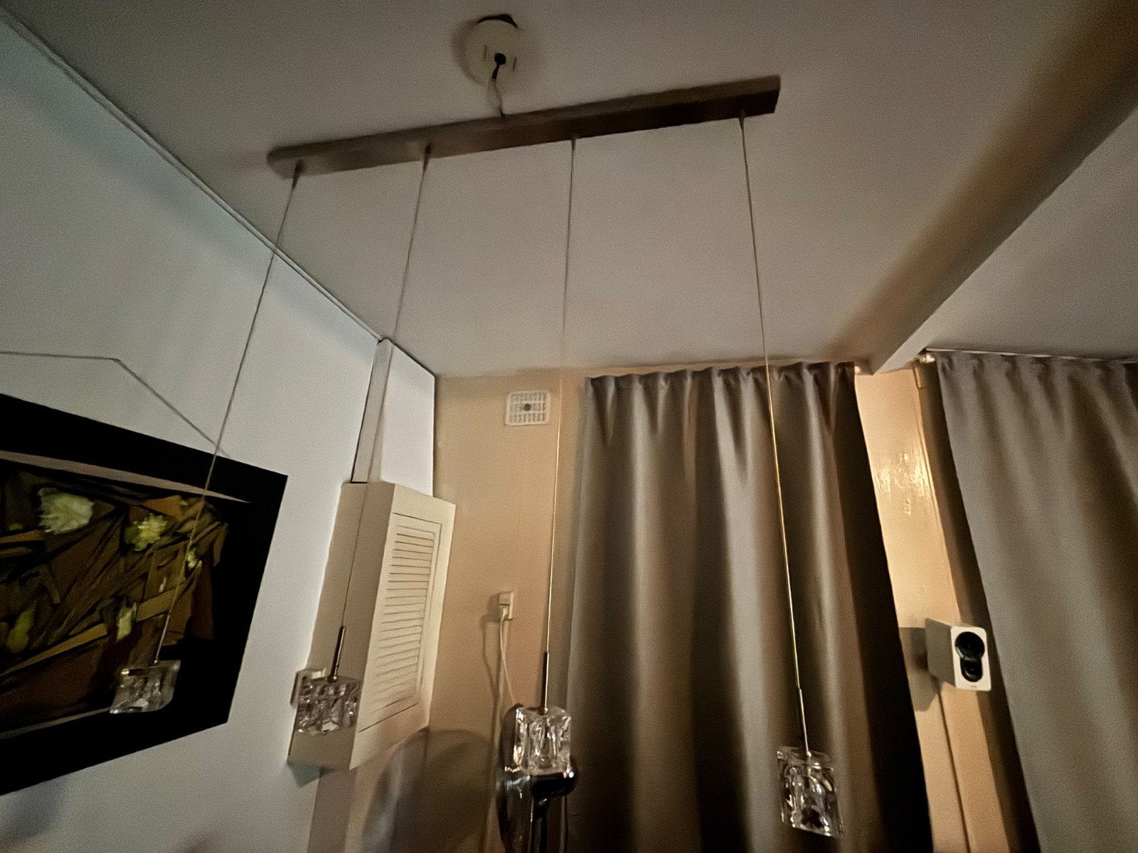 Moderne hanglamp met 4 glazen kubussen, Ophalen, Overige fittingen, Zo goed als nieuw, Glas