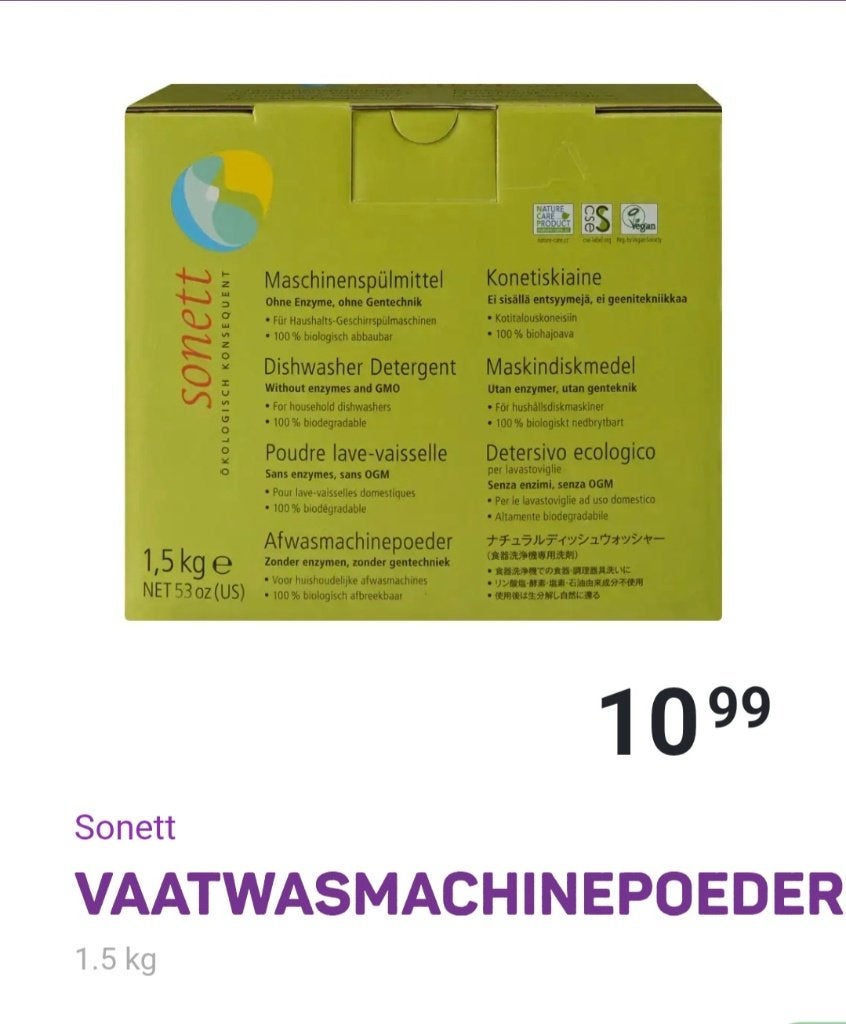 Vaatwasmachinepoeder 3x 1,5kg Sonnett 100% biologisch, Ophalen of Verzenden, Schoonmaakmiddel