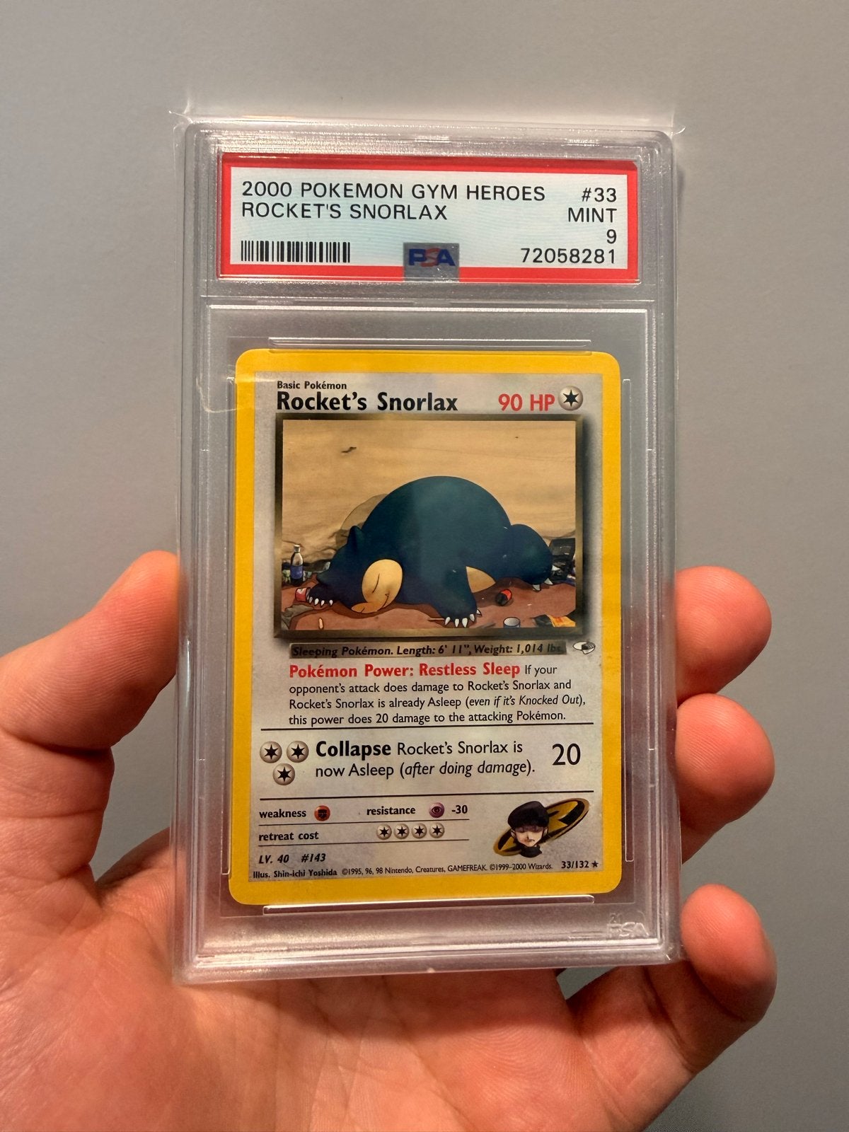 Pokemon Snorlax Gym Heroes #33 PSA 9, Ophalen of Verzenden, Zo goed als nieuw, Losse kaart