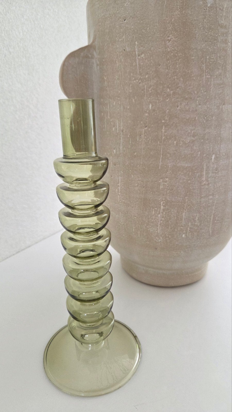 ︎JAPANDISTIJL︎ Groene glazen kandelaar Loods5!, Ophalen of Verzenden, Zo goed als nieuw, Overige materialen, Kandelaar