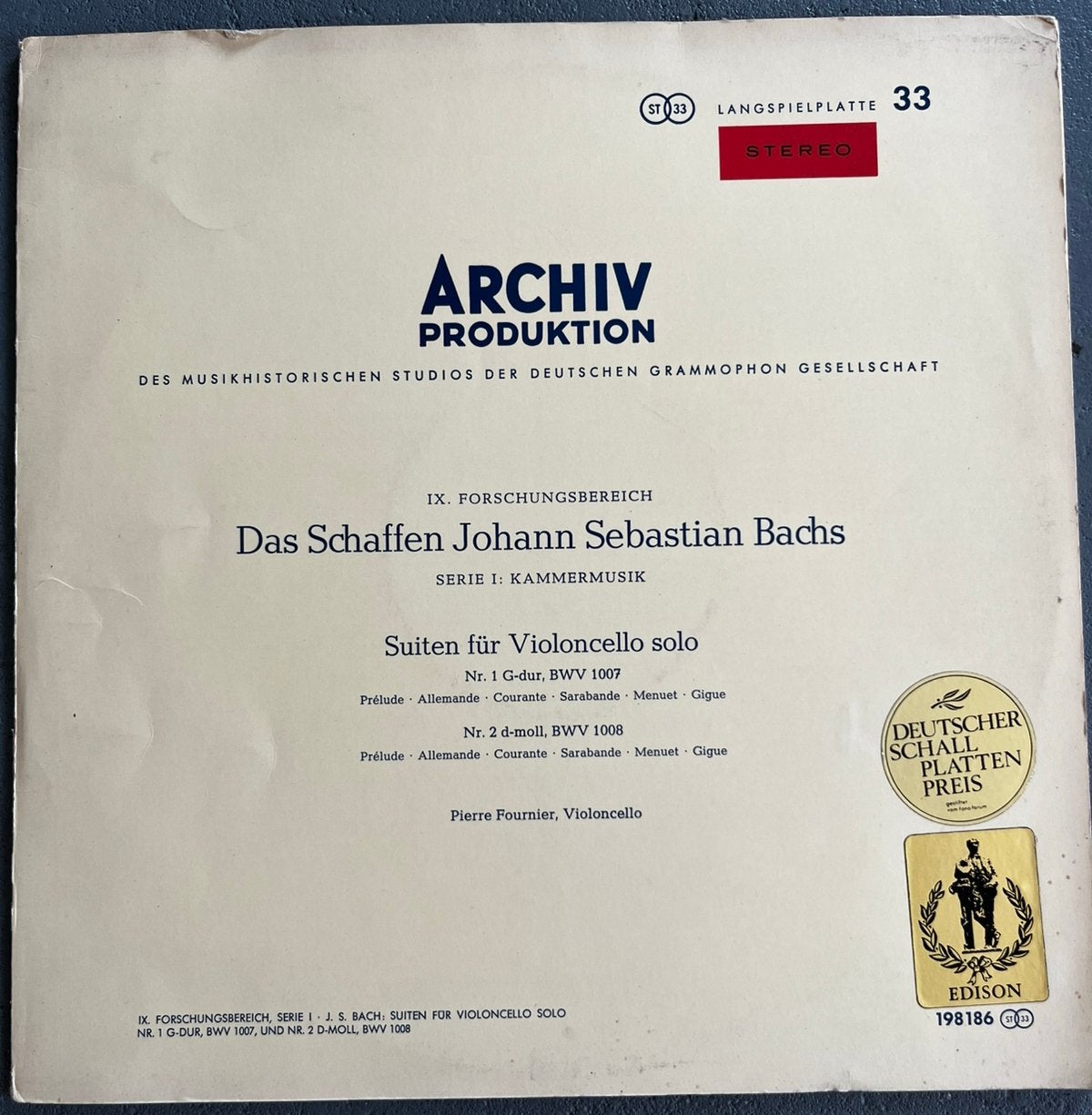 lp klassiek elpee vinyl Bach cello suites 1/2 Fournier, Ophalen, Overige typen, Zo goed als nieuw, 12 inch