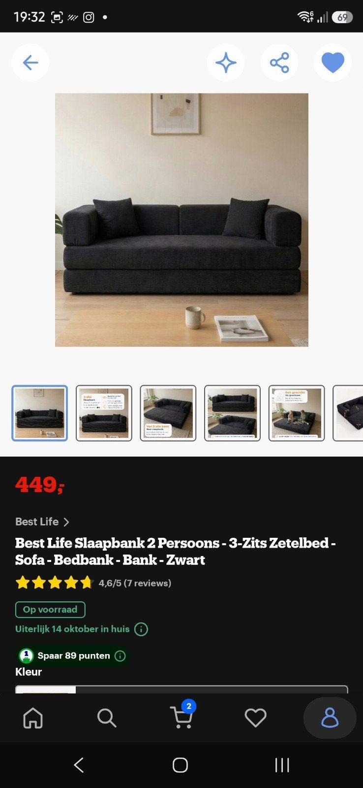 Best Life Slaapbank 2 Persoons - 3-Zits Zetebed - Zwart, Ophalen, 100 cm, Zwart, 200 cm