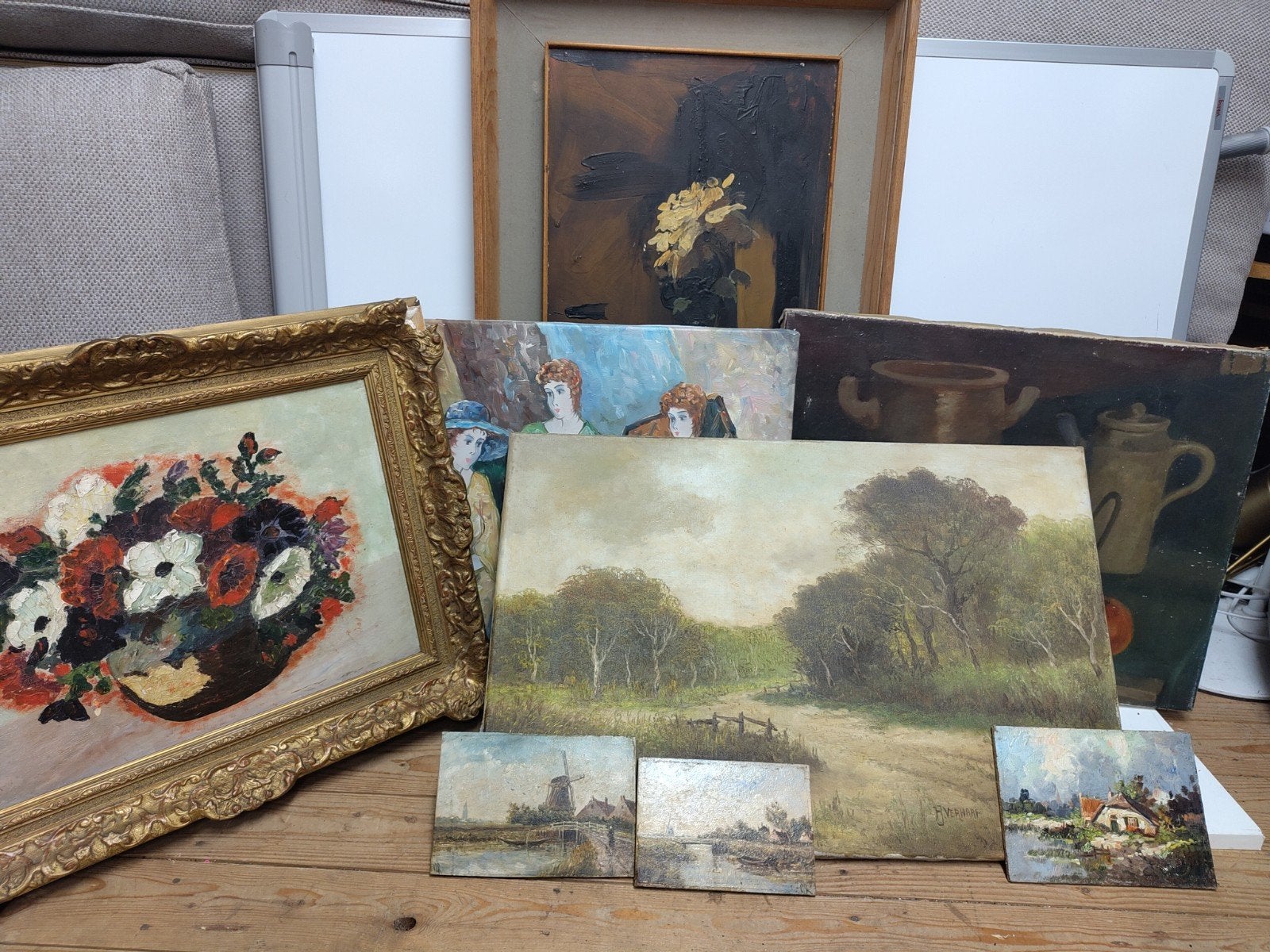 10 Schilderijen: Diverse Maten, Doek & Paneel, 20e-21e Eeuw, Antiek en Kunst, Ophalen, Olieverf