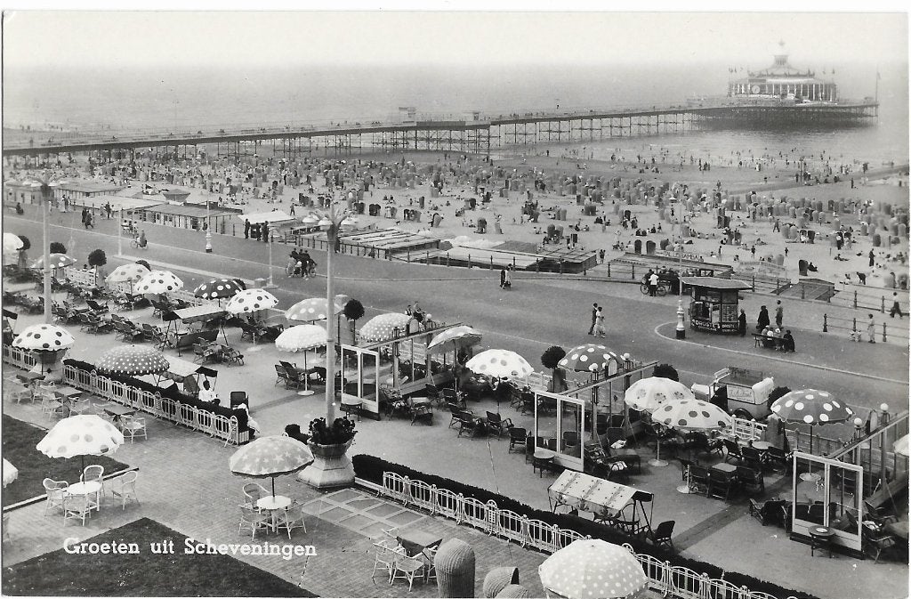 Scheveningen, parasols, Wandelhoofd, Pier, kiosk, Verzenden, 1940 tot 1960, Ongelopen, Zuid-Holland