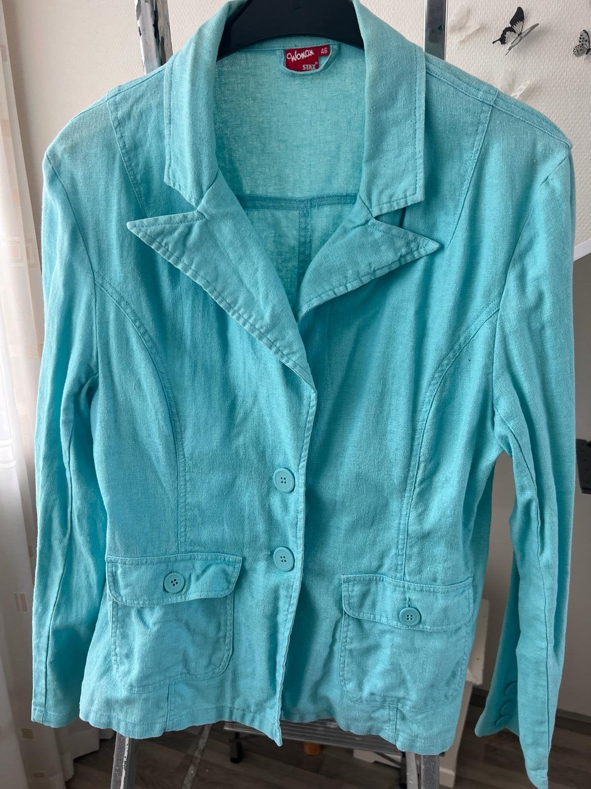 Lichtblauwe linnen-katoen blazer met extra lange mouwen, Blauw, Maat 42/44 (L), Ophalen of Verzenden, Zo goed als nieuw