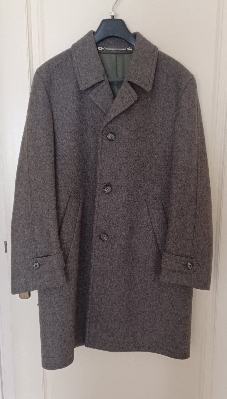 Vintage wollen overjas heren., Kleding | Heren, Ophalen of Verzenden, Zo goed als nieuw, Maat 52/54 (L), Grijs
