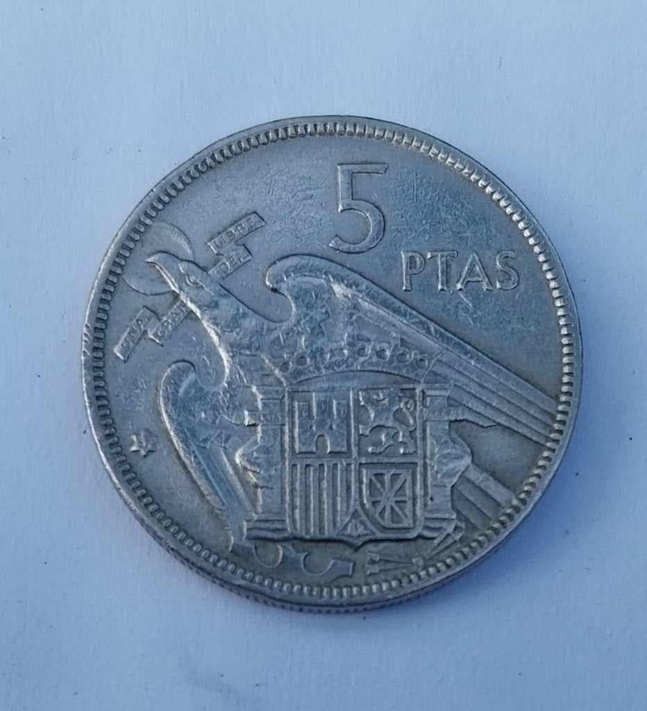 Spaanse munt 5 Pasetas 1957, periode van Franco, Postzegels en Munten, Ophalen of Verzenden, Overige landen, Losse munt