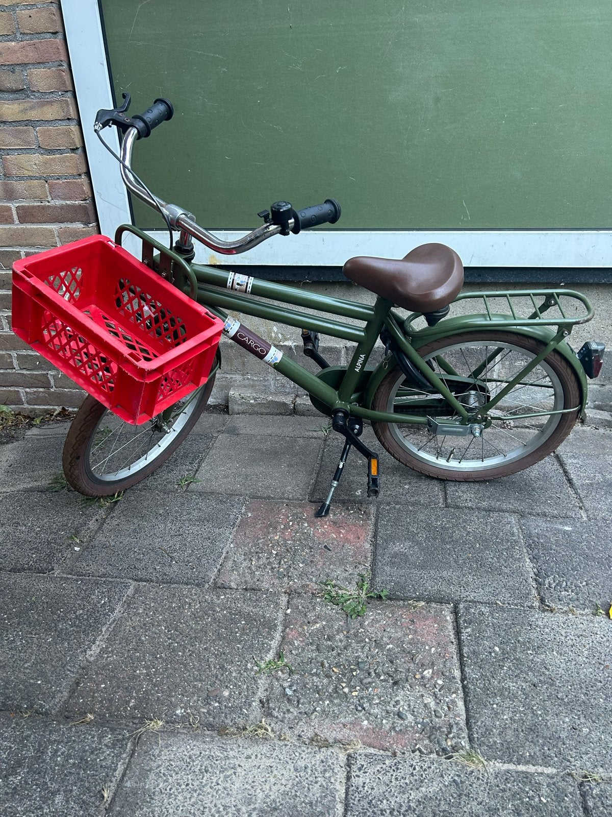 Alpina Cargo Kinderfiets 16 inch - Groen met krat, Ophalen of Verzenden, Gebruikt, Terugtraprem, 16 tot 20 inch