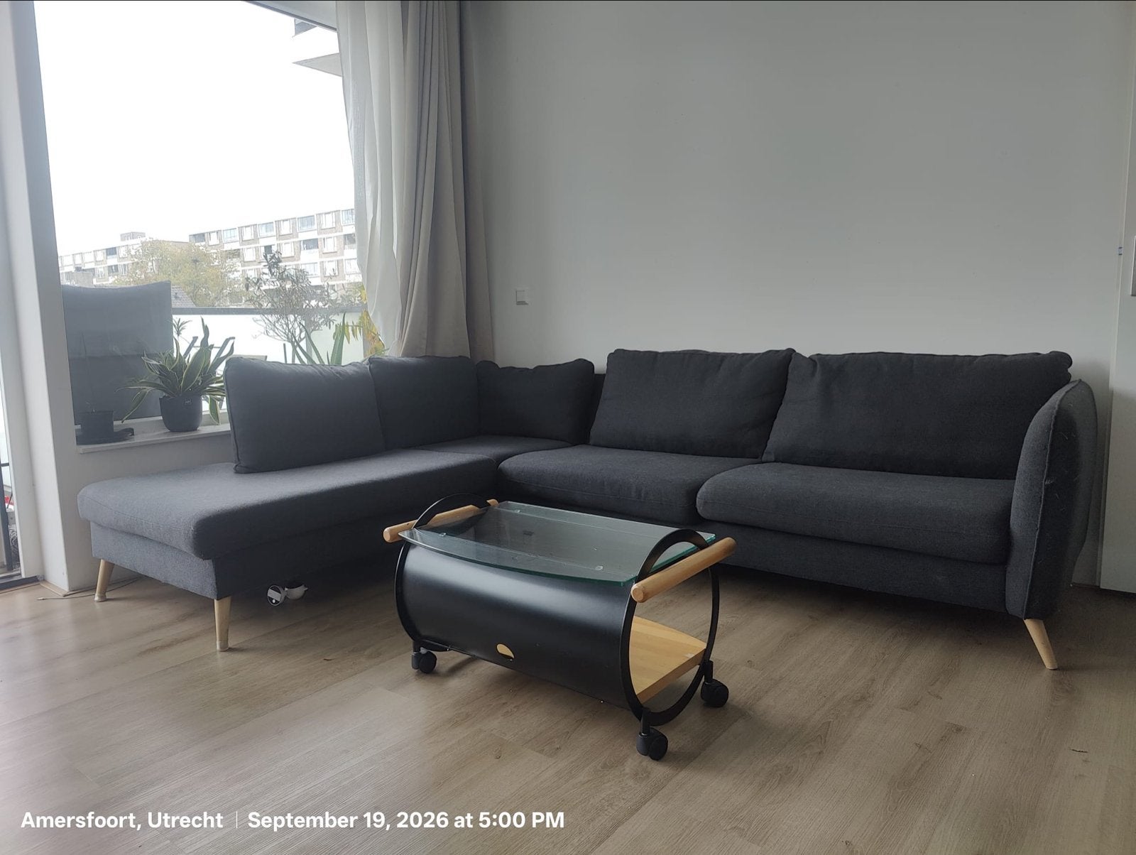 Grote hoekbank met chaise longue, donkergrijs, Ophalen, 250 tot 300 cm, Gebruikt, Hoekbank