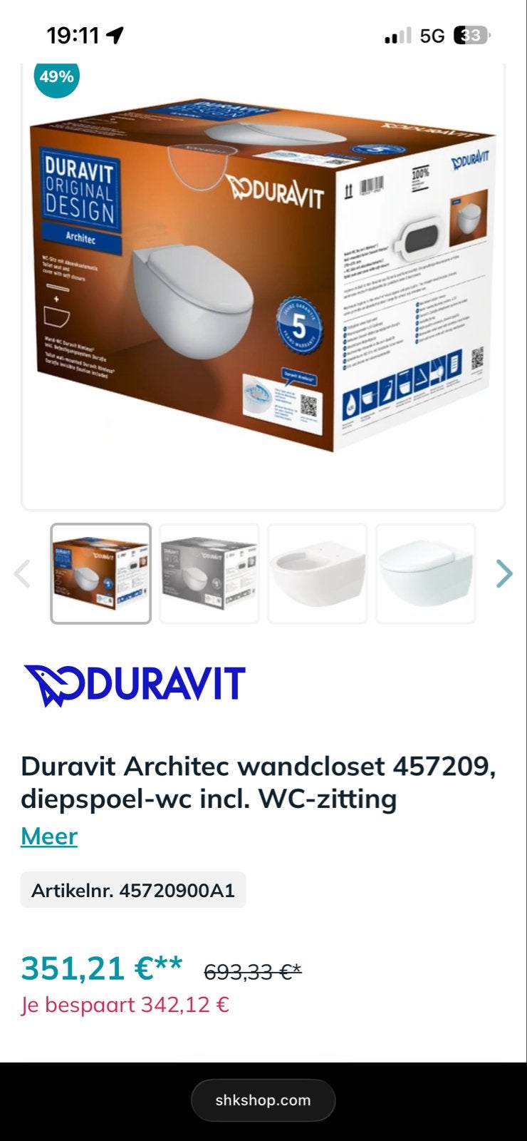 Duravit Architec wandcloset 457209, diepspoel-wc, Ophalen of Verzenden, Zo goed als nieuw, Toilet