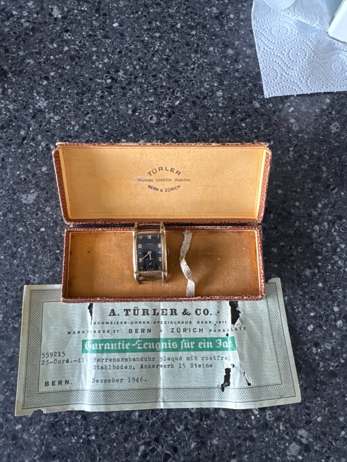 Vintage A. Türler & Co. Heren Polshorloge, Verguld, 1946, Overige merken, Overige materialen, 1930 tot 1960, Ophalen of Verzenden