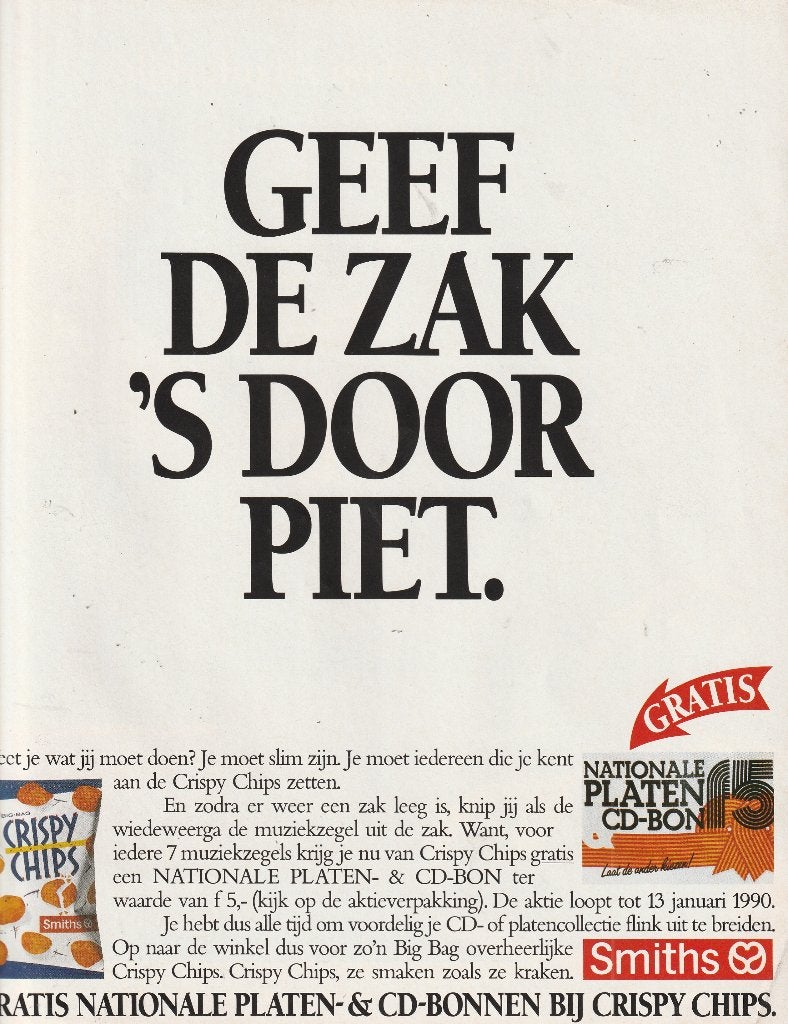 Retro reclame 1989 Smiths chips nu platenbon actie, Verzenden, Overige typen