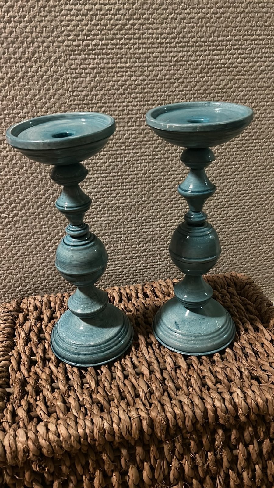 Set van 2 turquoise kandelaars, Blauw, Overige merken, Ophalen of Verzenden, Zo goed als nieuw