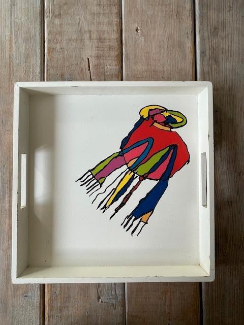 Dienblad moderne kunst cobra stijl / Kado met een boodschap., Ophalen, Gebruikt, Vierkant, Hout