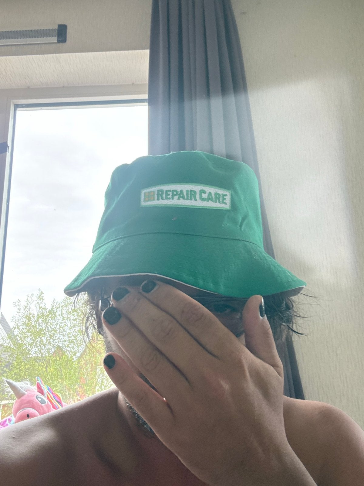 Groene bucket hat met 'Repair Care' opdruk, Ophalen of Verzenden, Zo goed als nieuw, One size fits all, Hoed