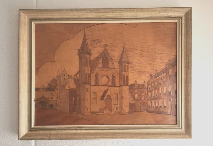 marqueterie schilderij Ridderzaal Den Haag, Ophalen of Verzenden, Klassiek, Stads- / dorpsgezicht, Paneel