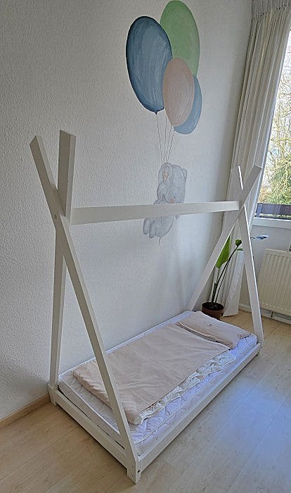 ZGAN Grenen Wit Tipi Kinderbed 70x140cm met Alle Toebehoren!, Ophalen, Zo goed als nieuw, 140 tot 160 cm, 70 tot 85 cm