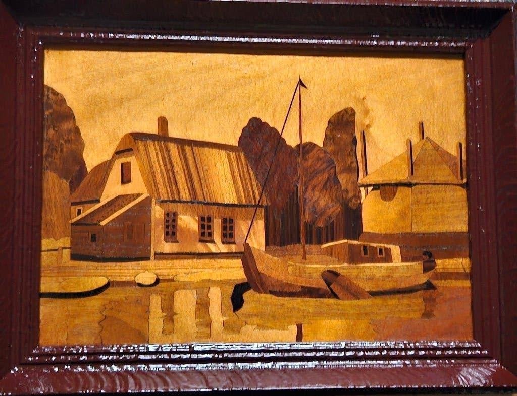 houtsnijwerk boerderij aan de waterkant (1940 gemaakt), Antiek en Kunst, Kunst | Schilderijen | Klassiek, Paneel, Ophalen of Verzenden