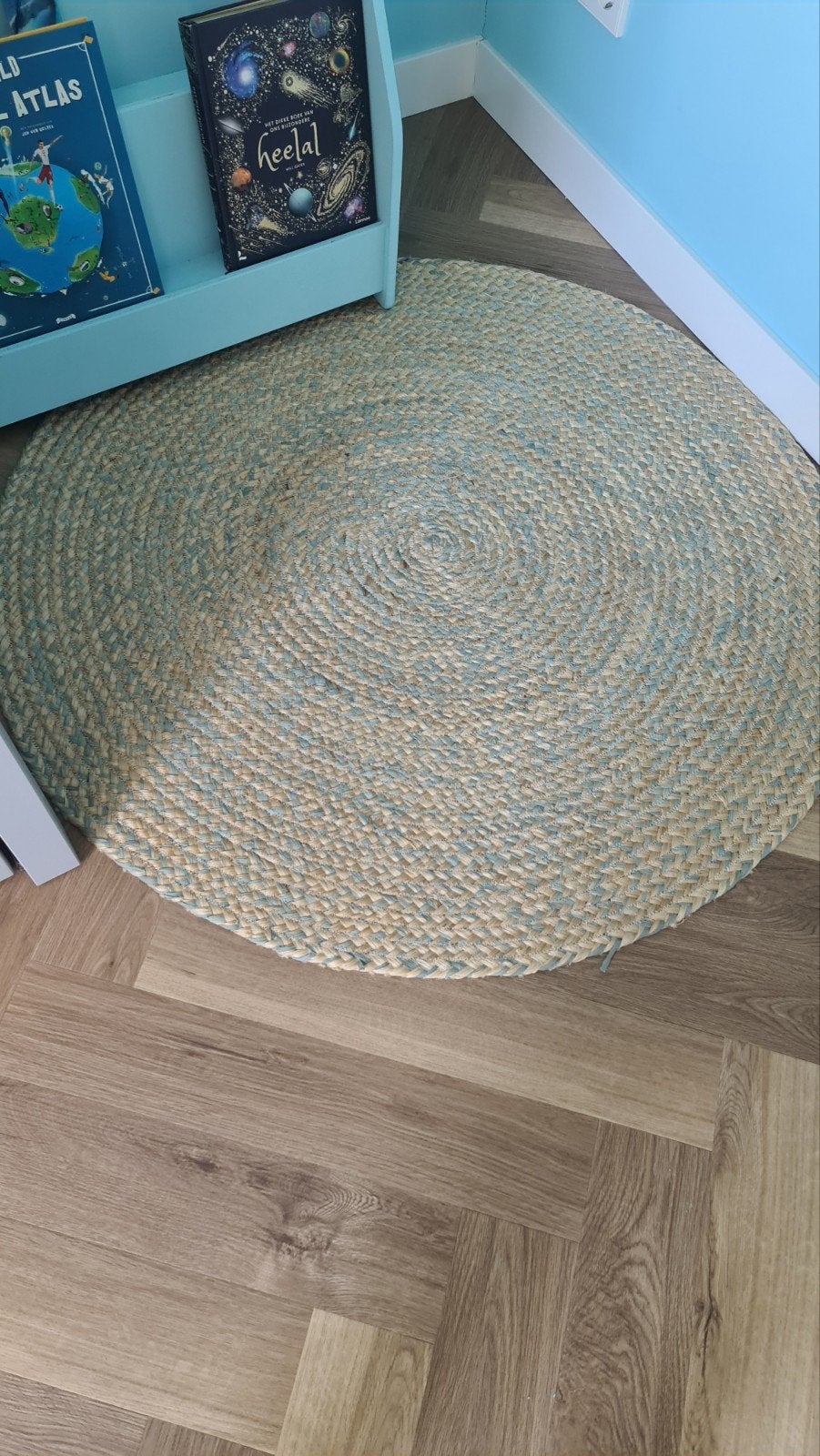 kidsdepot jute vloerkleed ø110cm blauw /zeegroen, Ophalen, Rond, 50 tot 100 cm, 50 tot 100 cm