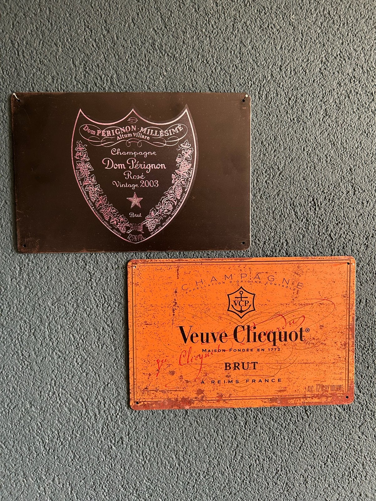 Metalen borden Dom Pérignon & Veuve Clicquot 20x30 cm, Vintage, Gebruikt, Meerkleurig, Ophalen of Verzenden