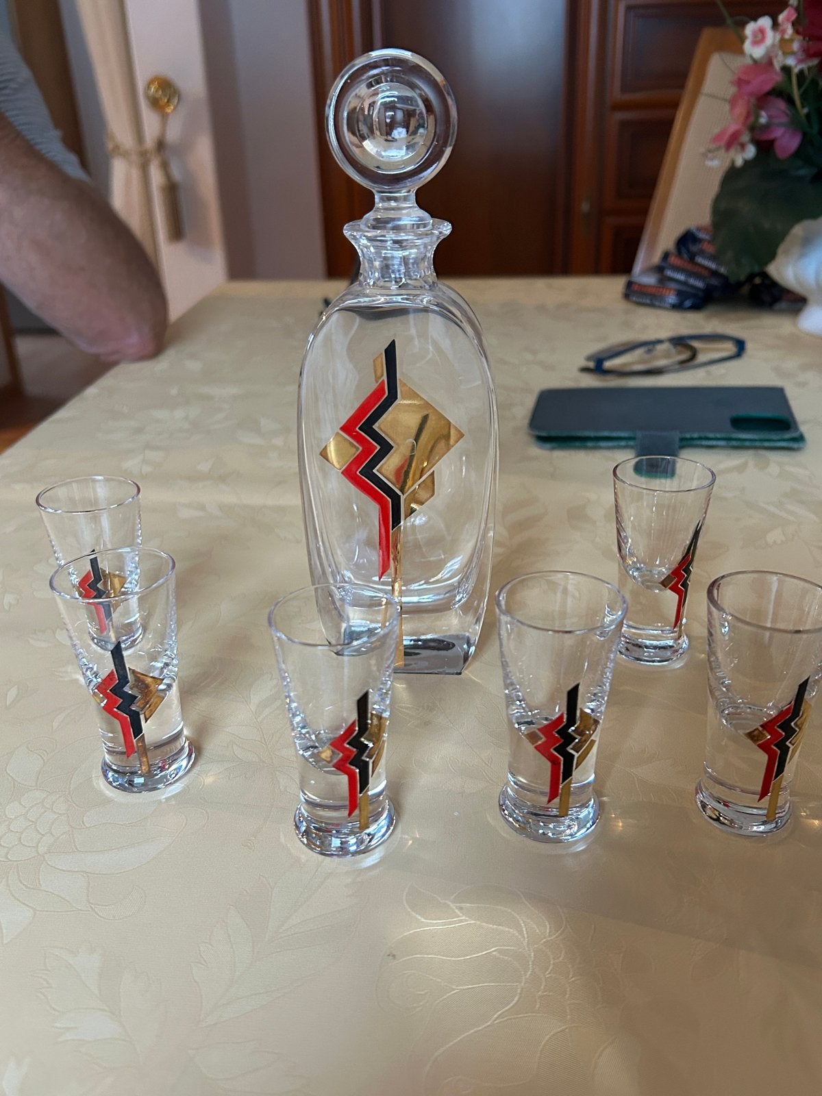 Vintage Karaf met 6 Borrelglaasjes - Art Deco Stijl, Antiek en Kunst, Ophalen of Verzenden