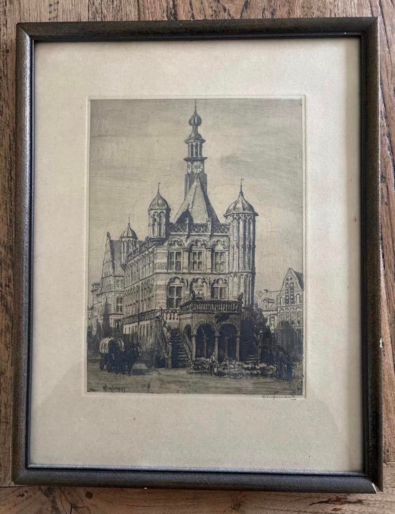 Ets van Dingemans - Deventer - Gezicht op de Waag, Ingelijst, Ets, Stadsgezicht, Ophalen of Verzenden